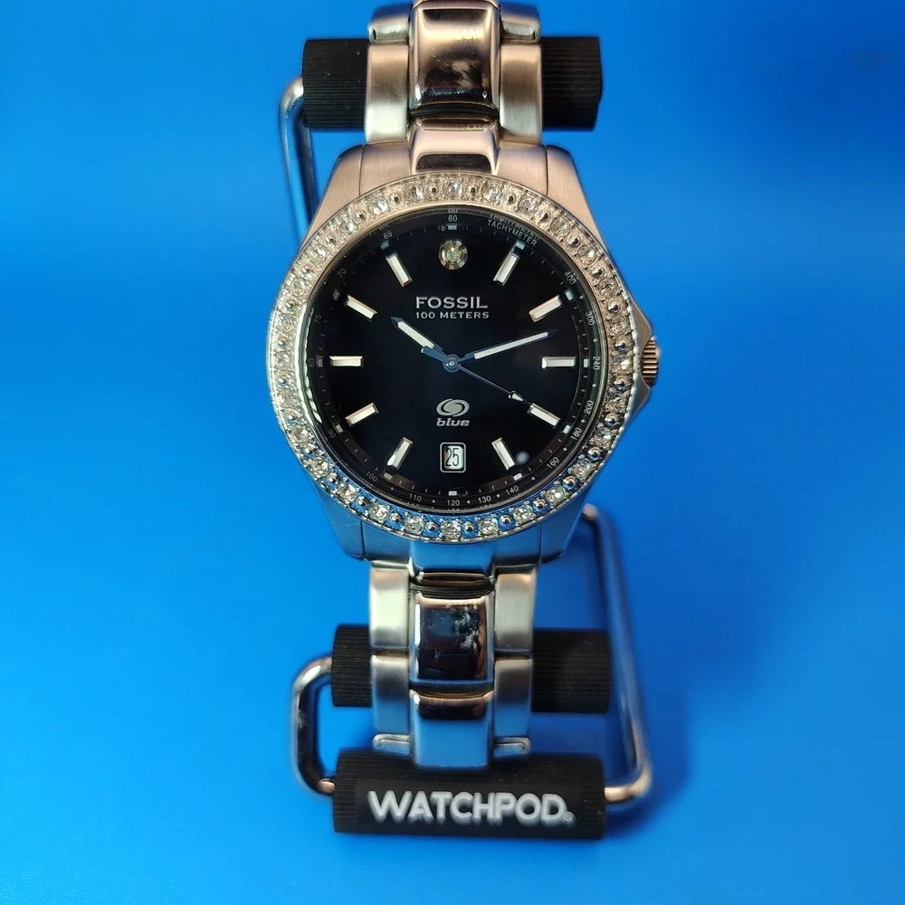 Vintage 2007 Fossil Blue Date Crystal Bezel 40mm Mens Quartz Watch Restored